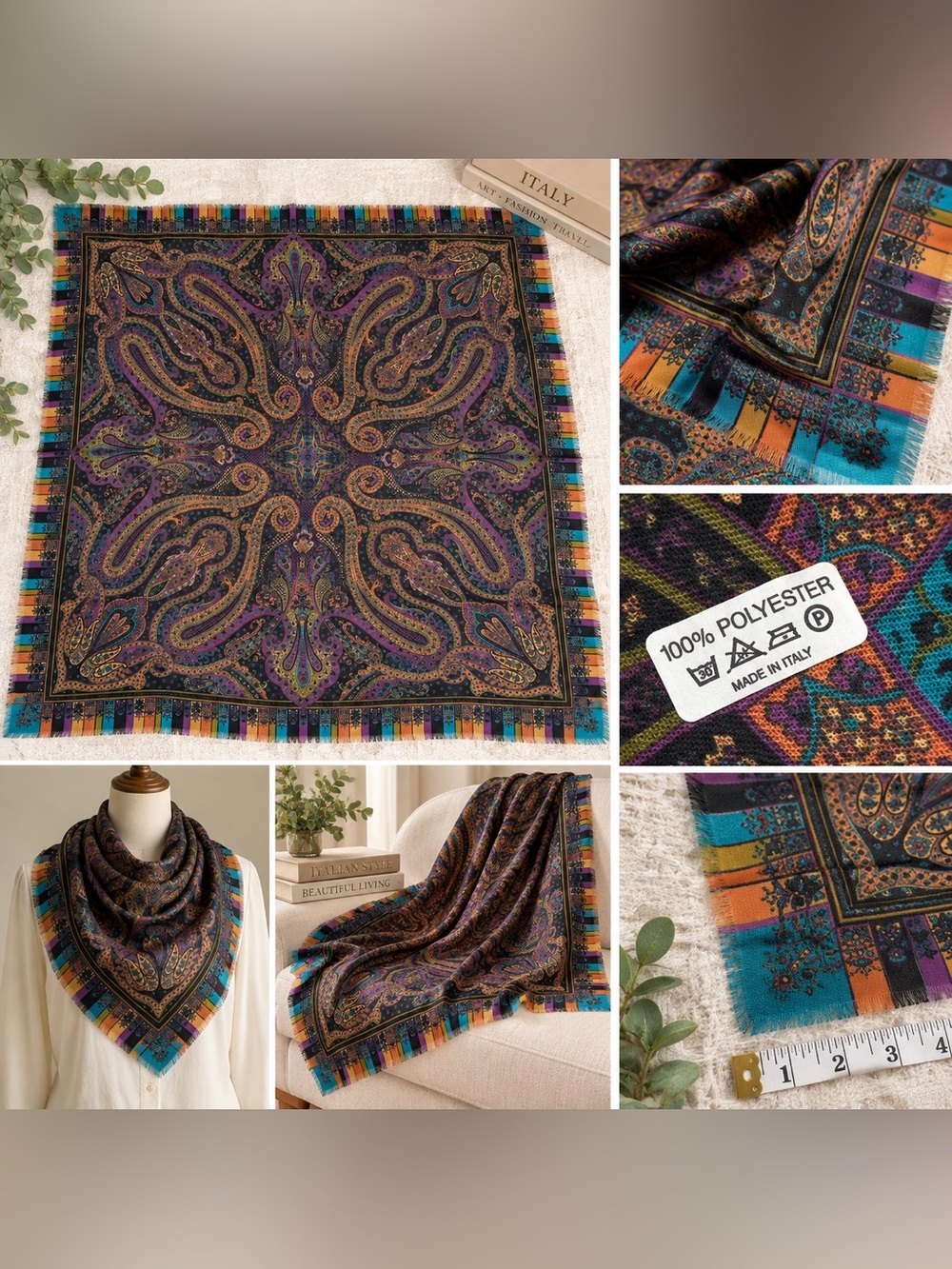 Vintage Italian Paisley Scarf 46” Square 100% Polyester Made Italy Purple Teal